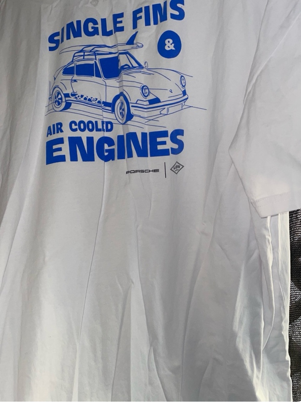 Porsche Design White Tee with Blue Car Graphic